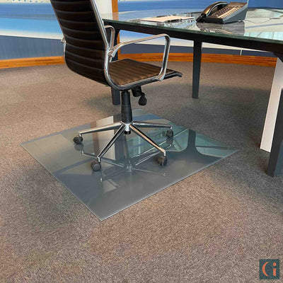 Toughened Glass Chair Mat, grey ceramic glass, 6mm thickness, polished edges. Protect wood, carpet or tile office floor and increase ease of movement on office chair casters. Home office desk essentials. Modern & Contemporary Glass floor mat, furniture and Glass interior products Ireland.  