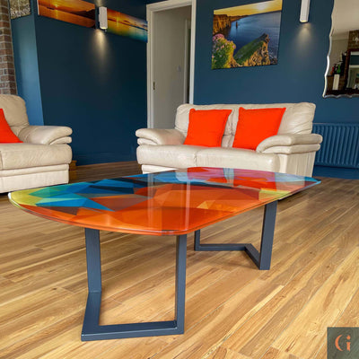 Digitally Printed Toughened Glass Rectangle Coffee Table top with powder coated steel table base. Modern & colourful coffee table design. Contemporary Glass tables, shelves, furniture & interior products Ireland.