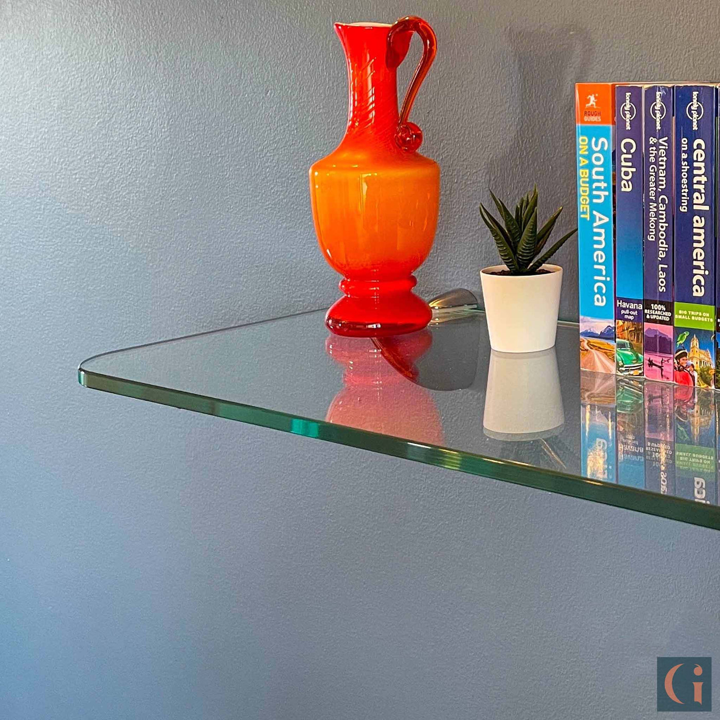 Front Edge Profile, Toughened & Polished Clear Glass Rectangle Shelf, front radius corners. Bathroom, Bedroom, Kitchen, Living Room, Office Shelves. Wall Mounted, Floating Glass Shelf.