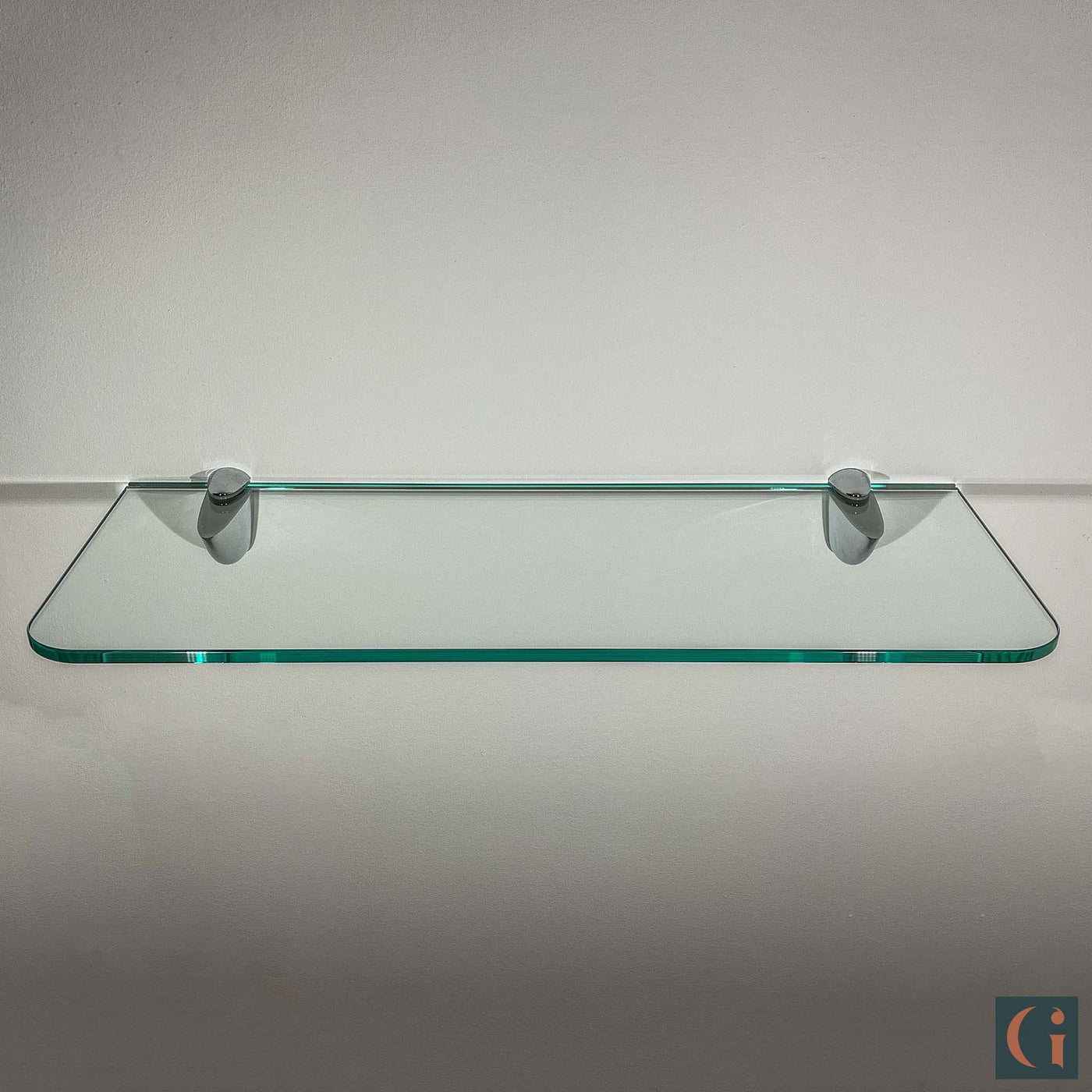 Toughened & Polished Clear Glass Rectangle Shelf, front radius corners, silver shelf clips. Bathroom, Bedroom, Kitchen, Living Room, Office Shelves. Wall Mounted, Floating Glass Shelf.