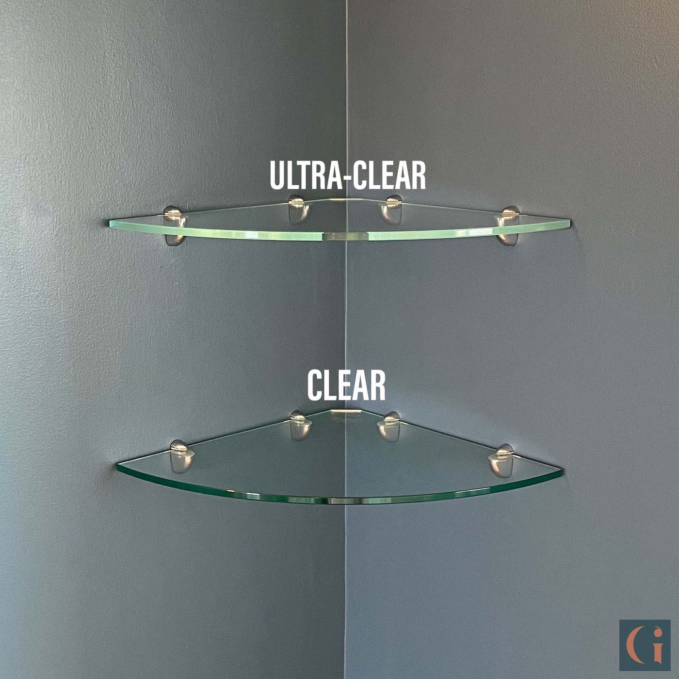 Clear vs Ultra Clear, Toughened & Polished Glass Corner Radius Shelf, Bathroom, Bedroom, Kitchen, Living Room, Office Shelves. Wall Mounted, Floating Glass Shelf.