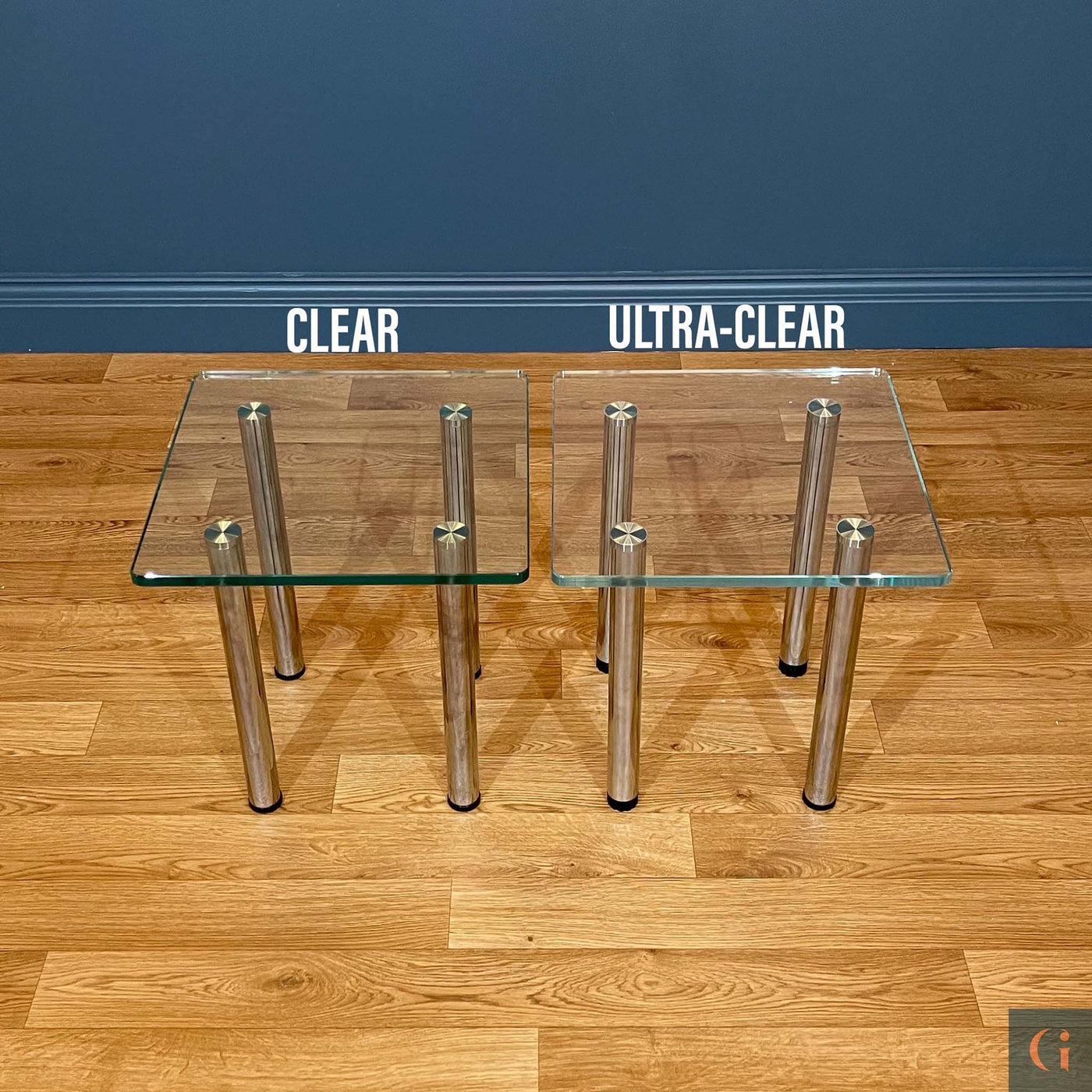 Clear vs Ultra-Clear Toughened Glass side tables with polished edges, radius corners and stainless-steel UV bonded legs. Modern & Contemporary glass side table, coffee table, shelves, furniture & interior products Ireland.