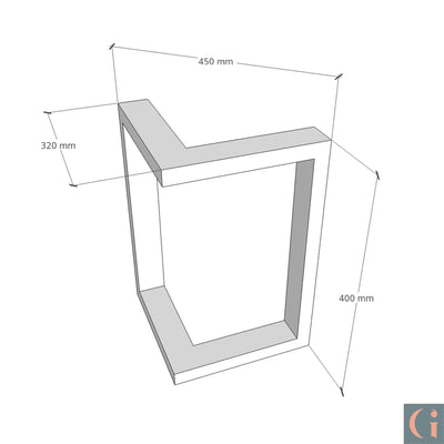 L-Shaped Steel Table Base Dimensions in millimetres.