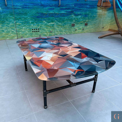 Digitally Printed Toughened Glass Rectangle Coffee Table top with steel pipe table base. Modern & colourful coffee table design. Contemporary Glass tables, shelves, furniture & interior products Ireland.