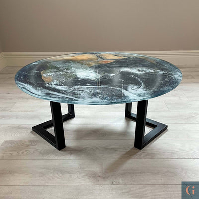 Earth Design Digitally Printed Toughened Glass Circle Coffee Table top with powder coated steel table base. Modern & colourful coffee table design. Contemporary Glass tables, shelves, furniture & interior products Ireland.