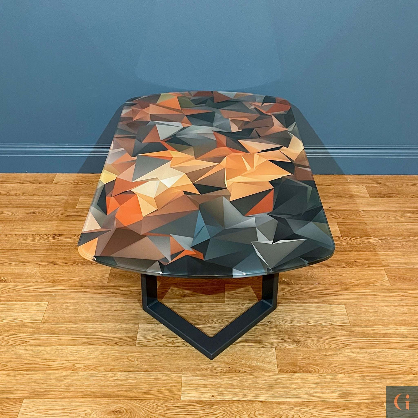 Front view of Digitally Printed Toughened Glass Rectangle Coffee Table top with powder coated steel table base. Modern & colourful coffee table design. Contemporary Glass tables, shelves, furniture & interior products Ireland.