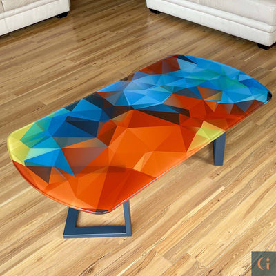 Digitally Printed Toughened Glass Rectangle Coffee Table top with powder coated steel table base. Modern & colourful coffee table design. Contemporary Glass tables, shelves, furniture & interior products Ireland.