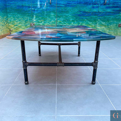 Front view of Digitally Printed Toughened Glass Rectangle Coffee Table top with steel pipe table base. Modern & colourful coffee table design. Contemporary Glass tables, shelves, furniture & interior products Ireland.