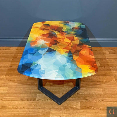 Front view of Digitally Printed Toughened Glass Rectangle Coffee Table top with powder coated steel table base. Modern & colourful coffee table design. Contemporary Glass tables, shelves, furniture & interior products Ireland.