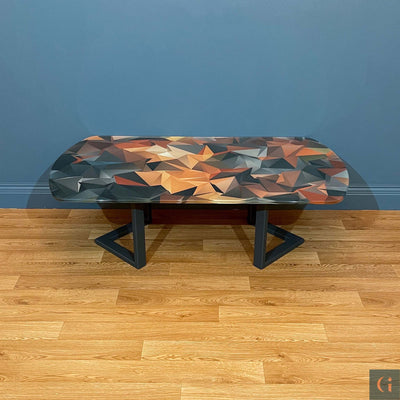 Side Profile of Digitally Printed Toughened Glass Rectangle Coffee Table top with powder coated steel table base. Modern & colourful coffee table design. Contemporary Glass tables, shelves, furniture & interior products Ireland.