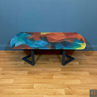 Side profile of Digitally Printed Toughened Glass Rectangle Coffee Table top with powder coated steel table base. Modern & colourful coffee table design. Contemporary Glass tables, shelves, furniture & interior products Ireland.