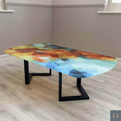 Digitally Printed Toughened Glass Rectangle Coffee Table top with powder coated steel table base. Modern & colourful coffee table design. Contemporary Glass tables, shelves, furniture & interior products Ireland.