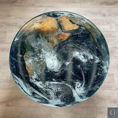 Aerial view of Earth Design Digitally Printed Toughened Glass Circle Coffee Table top. Modern & colourful coffee table design. Contemporary Glass tables, shelves, furniture & interior products Ireland.