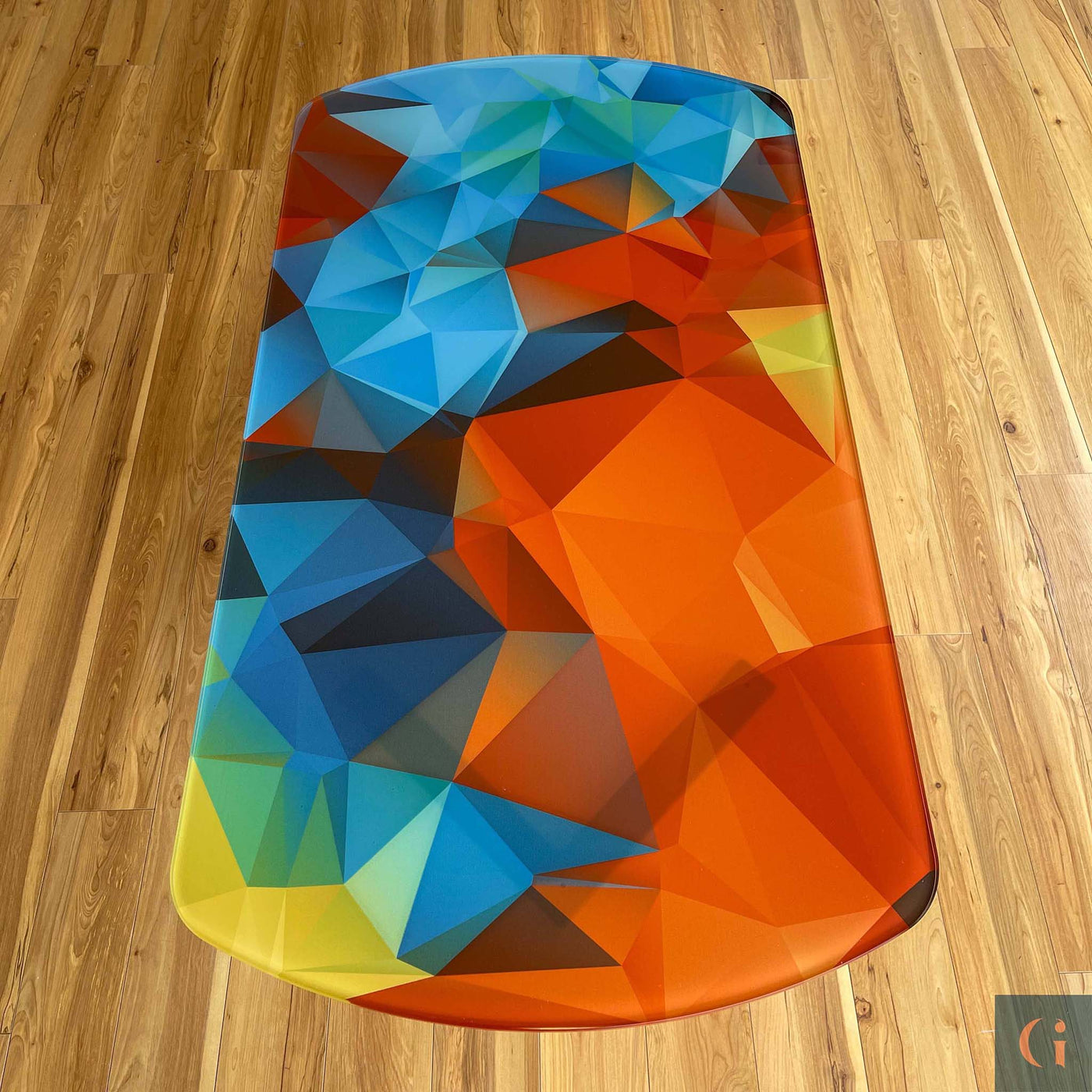 Aerial view of Digitally Printed Toughened Glass Rectangle Coffee Table top. Modern & colourful coffee table design. Contemporary Glass tables, shelves, furniture & interior products Ireland.