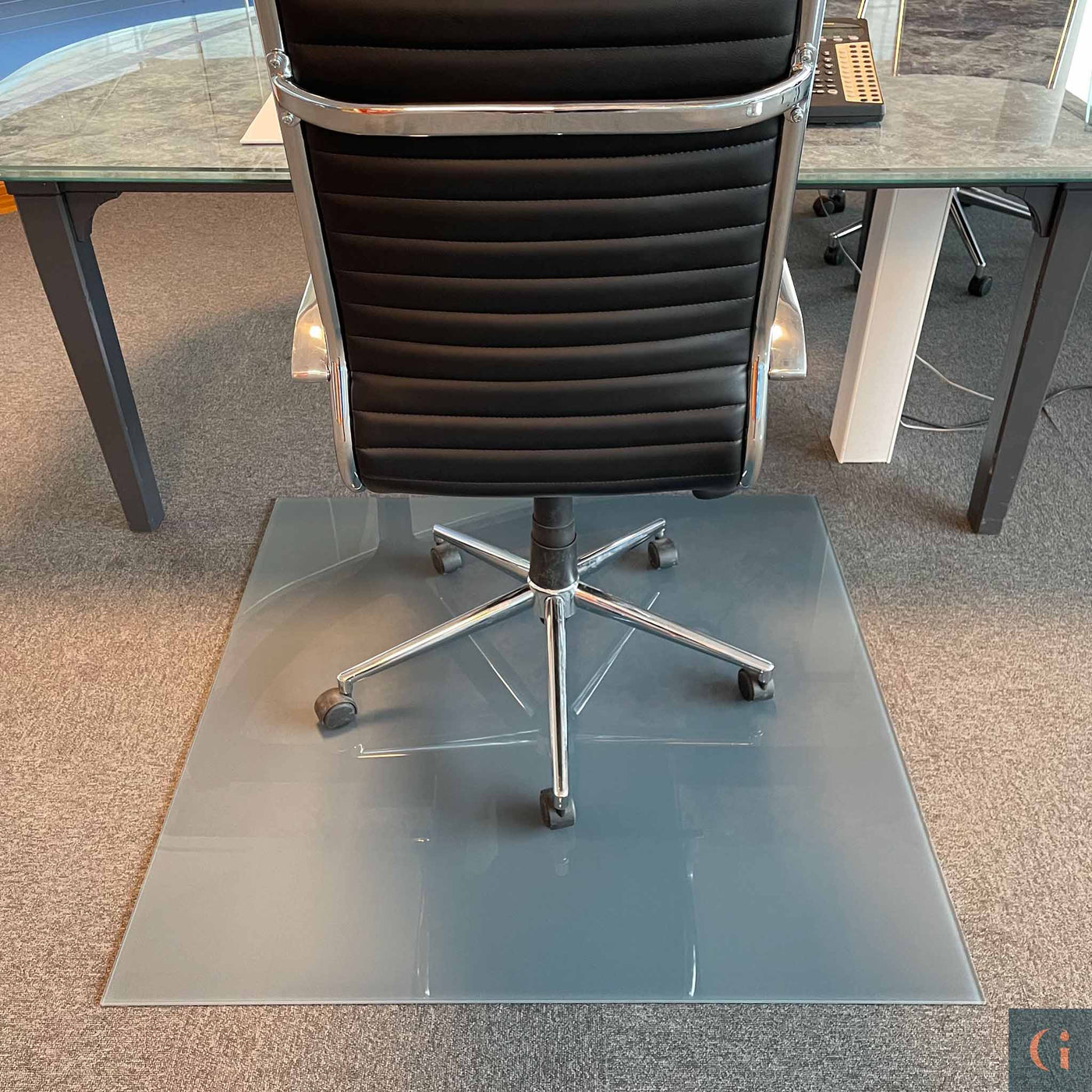 Toughened Glass Chair Mat, grey ceramic glass, 6mm thickness, polished edges. Protect wood, carpet or tile office floor and increase ease of movement on office chair casters. Home office desk essentials. Modern & Contemporary Glass floor mat, furniture and Glass interior products Ireland.