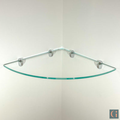 Toughened & Polished Ultra-Clear Glass Corner Radius Shelf, silver shelf clips. Bathroom, Bedroom, Kitchen, Living Room, Office Shelves. Wall Mounted, Floating Glass Shelf.