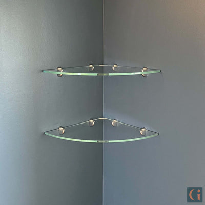 Double Mounted, Toughened & Polished Ultra-Clear Glass Corner Radius Shelf, silver shelf clips. Bathroom, Bedroom, Kitchen, Living Room, Office Shelves. Wall Mounted, Floating Glass Shelf.