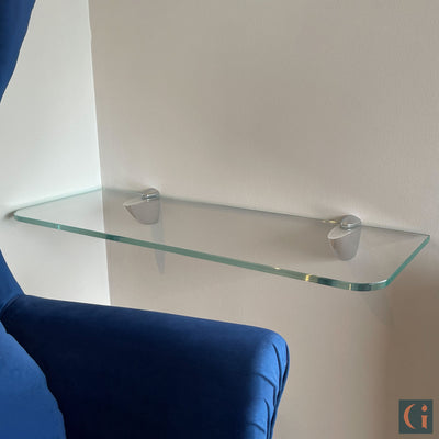 Toughened & Polished Ultra-Clear Glass Rectangle Shelf, front radius corners, silver shelf clips. Bathroom, Bedroom, Kitchen, Living Room, Office Shelves. Wall Mounted, Floating Glass Shelf.