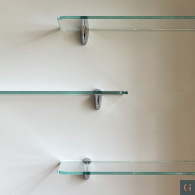 Toughened & Polished Ultra-Clear Glass Rectangle Shelves, front radius corners, silver shelf clips. Bathroom, Bedroom, Kitchen, Living Room, Office Shelves. Wall Mounted, Floating Glass Shelf.