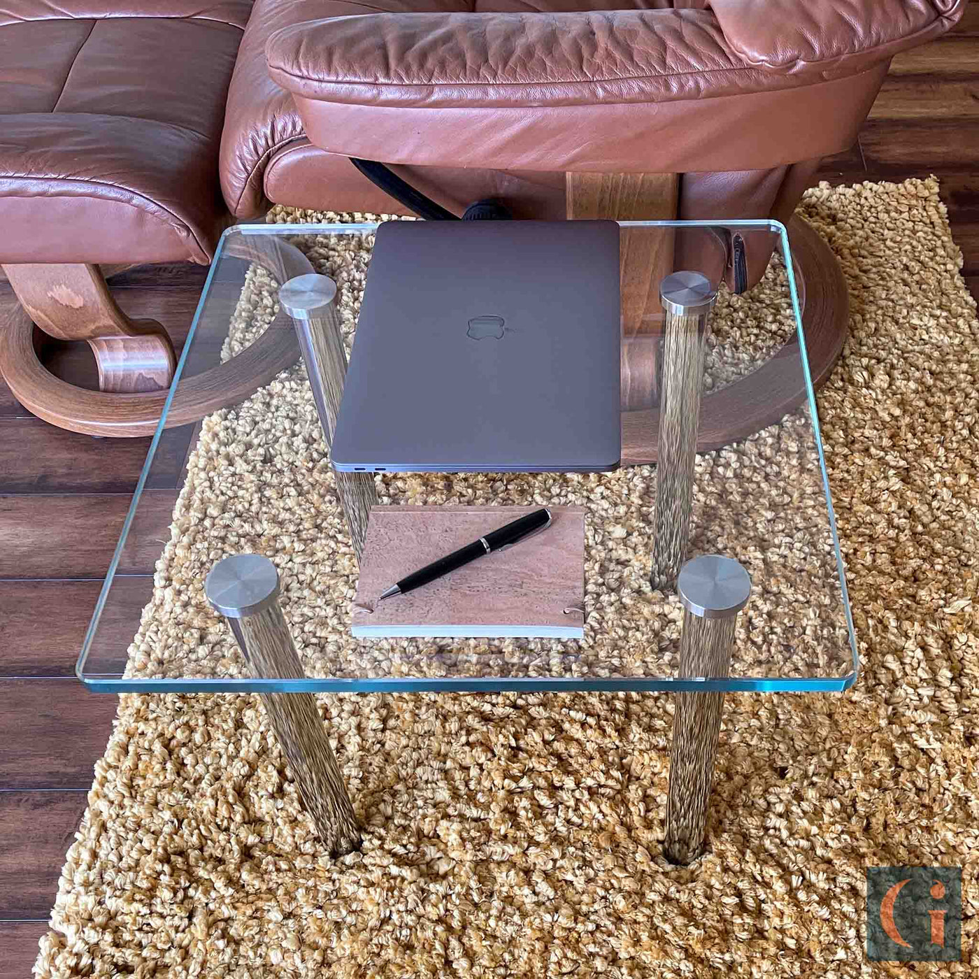 Toughened Ultra-Clear Glass Side Table, 15mm thickness with polished edges and radius corners. Stainless-Steel UV Bonded Table legs. Modern & contemporary glass side table, coffee table, shelves, furniture & interiors products Ireland.